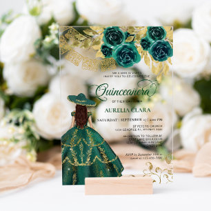 Invitations En Acrylique Élégante Florale Émeraude Verte Charra Quinceañera