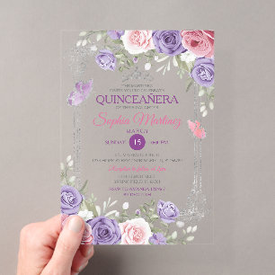 Invitations En Acrylique Élégante Florale Rose Argent Purple Girl Quinceañe
