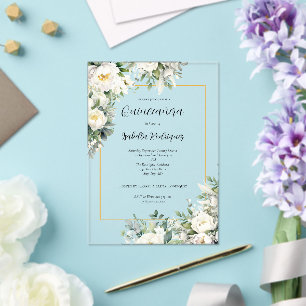 Invitations En Acrylique Elégante frontière blanche florale or Quinceañera