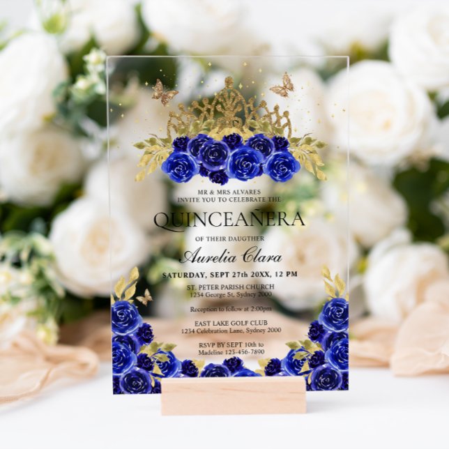 Invitations En Acrylique Elégante Glam Blue Floral Or Tiara Quinceanera (Créateur téléchargé)