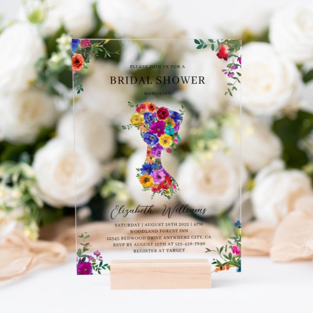 Invitations En Acrylique Élégante Gras Floral Femme Silhoutte Fête des mari (Créateur téléchargé)