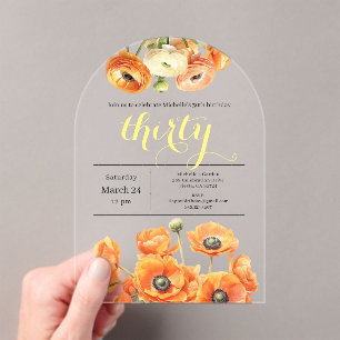 Invitations En Acrylique Elégante Jardin Orange Fleurs 30ème anniversaire