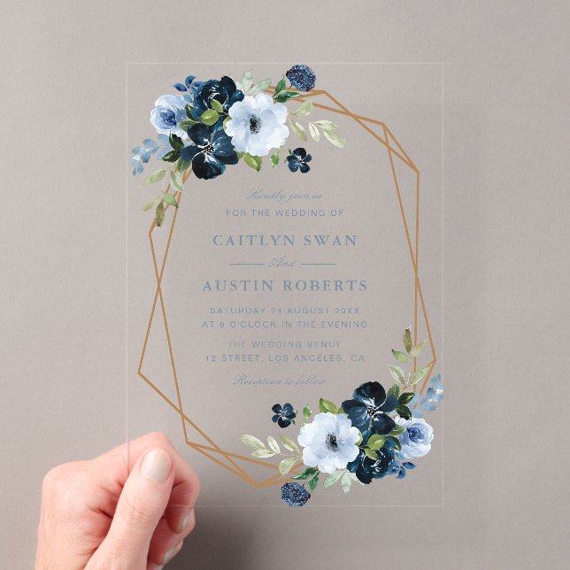 Invitations En Acrylique Elégante marine et mariage floral bleu clair (In situ (ordinateur de poche))