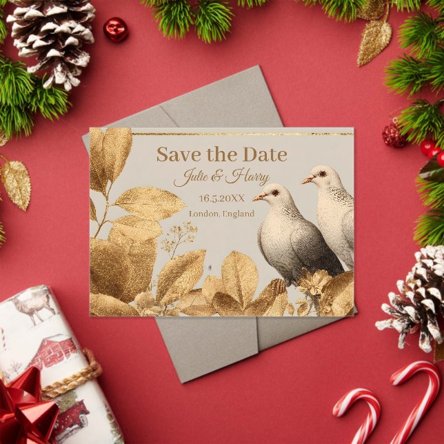 Invitations En Acrylique Élégante paire de colombes avec feuille d'or Save  (Insitu (vacances))