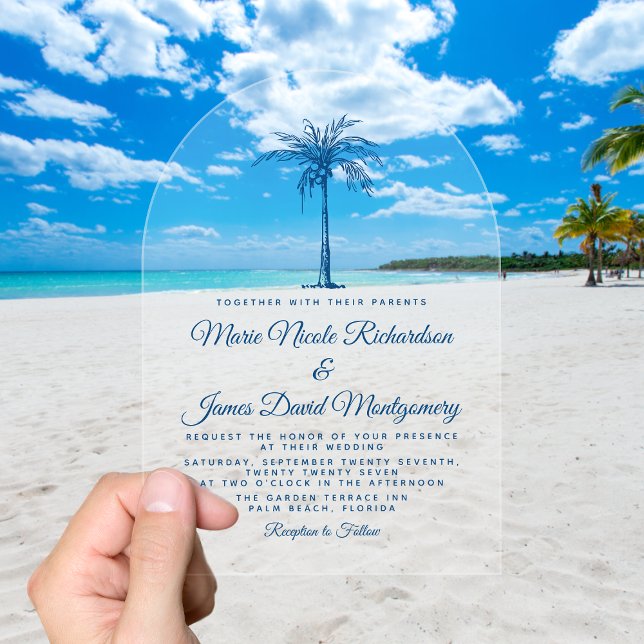 Invitations En Acrylique Elégante Palme Bleue Plage Formelle Mariage (Elegant Tropical Blue Palm Formal Beach Wedding Acrylic Invitations)