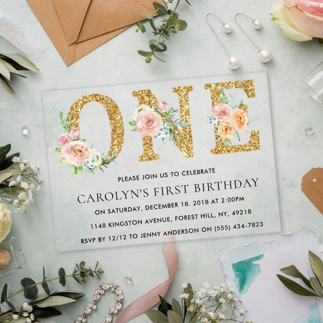 Invitations En Acrylique Elégante Parties scintillant d'or floral UN 1er an (Créateur téléchargé)