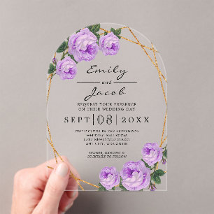 Invitations En Acrylique Elégante Parties scintillant d'or Géométrique Purp