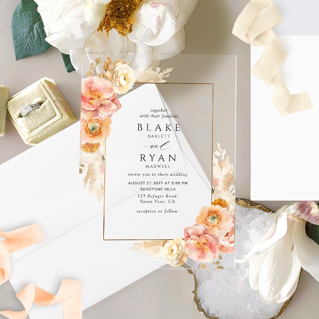 Invitations En Acrylique Elégante Pêche, crème et Mariage floral jaune (Créateur téléchargé)