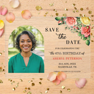 Invitations En Acrylique Élégante Photo Florale 67e Anniversaire Save the D