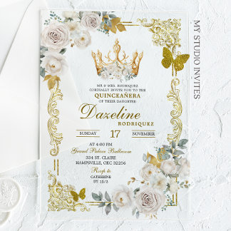 Invitations En Acrylique Elégante Quinceanera de couronne d'ivoire d'or bla