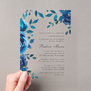 Invitations En Acrylique Elégante Quinceañera Florale Bleue