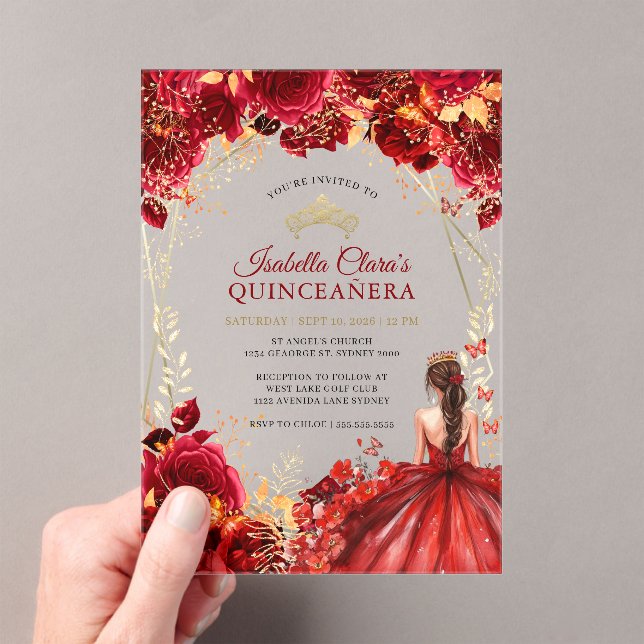 Invitations En Acrylique Elégante Quinceanera Florale Enchantée Or Rouge (In situ (ordinateur de poche))