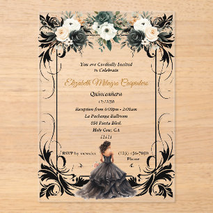 Invitations En Acrylique Élégante Quinceañera Florale Noire