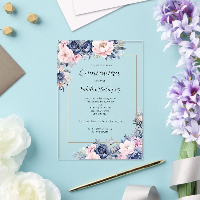 Invitations En Acrylique Elégante Quinceanera Florale Rose Marine (Insitu (Mariage))