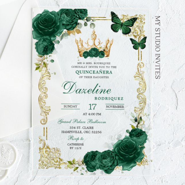 Invitations En Acrylique Élégante Quinceanera verte émeraude (Créateur téléchargé)