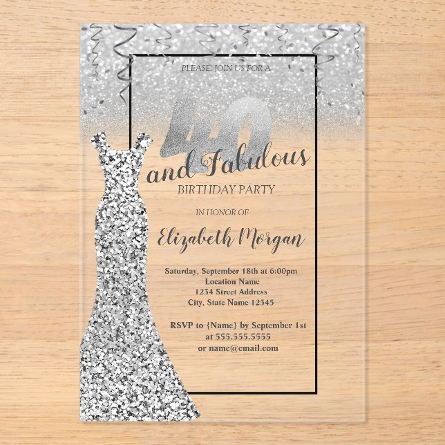 Invitations En Acrylique Elégante robe de Parties scintillant en argent 40e (Recto)