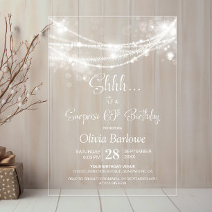 Invitations En Acrylique Élégante String Lights Surprise 60e anniversaire f
