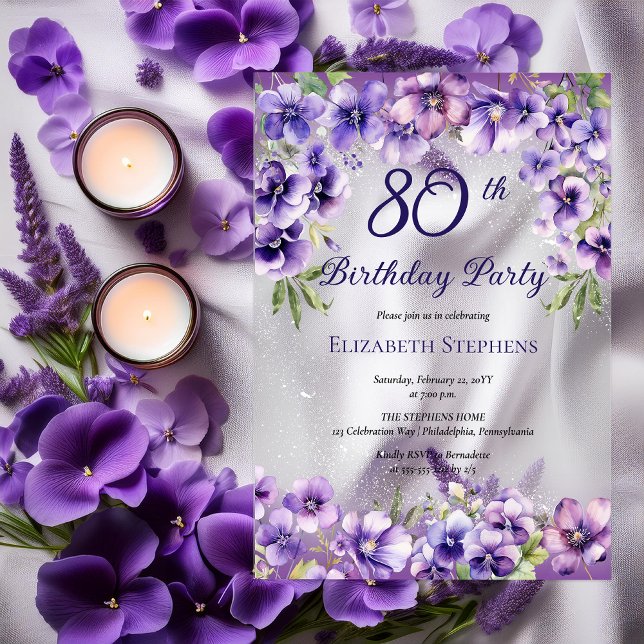 Invitations En Acrylique Élégante Violette violette Florale 80e fête d'anni (Elegant Purple Violets Floral 80th Birthday Party Acrylic Invitations)
