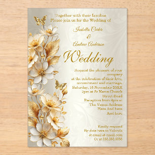 Invitations En Acrylique Élégantes fleurs de mariage crème or papillons