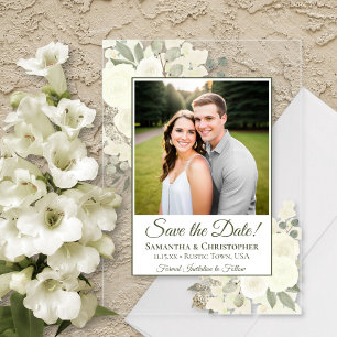 Invitations En Acrylique Élégantes Roses Blanches de Mariage Enregistrer la