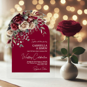 Invitations En Acrylique Élégantes Roses Bourguignon & Crème pour une Arche