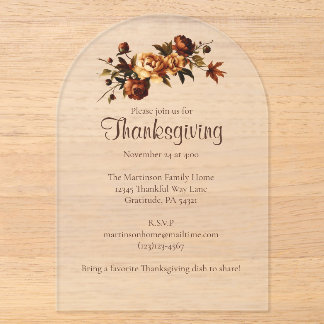 Invitations En Acrylique Élégantes Roses Brunes d'Automne Fleur de Thanksgi