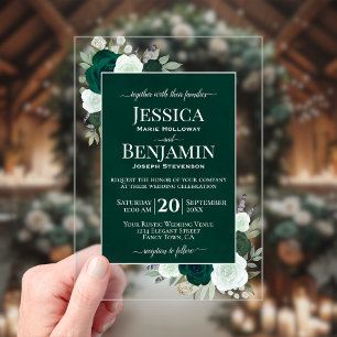 Invitations En Acrylique Élégantes Roses Vert Émeraude Mariage Texte Stylé