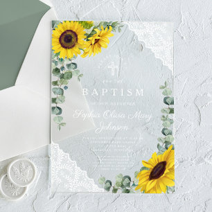 Invitations En Acrylique Élégants Tournesols Eucalyptus Dentelle Baptême Fi