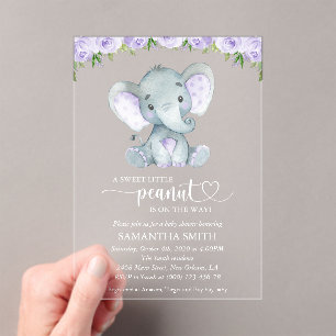 Invitations En Acrylique Eléphant, Fleurs d'aquarelle violette, Baby shower
