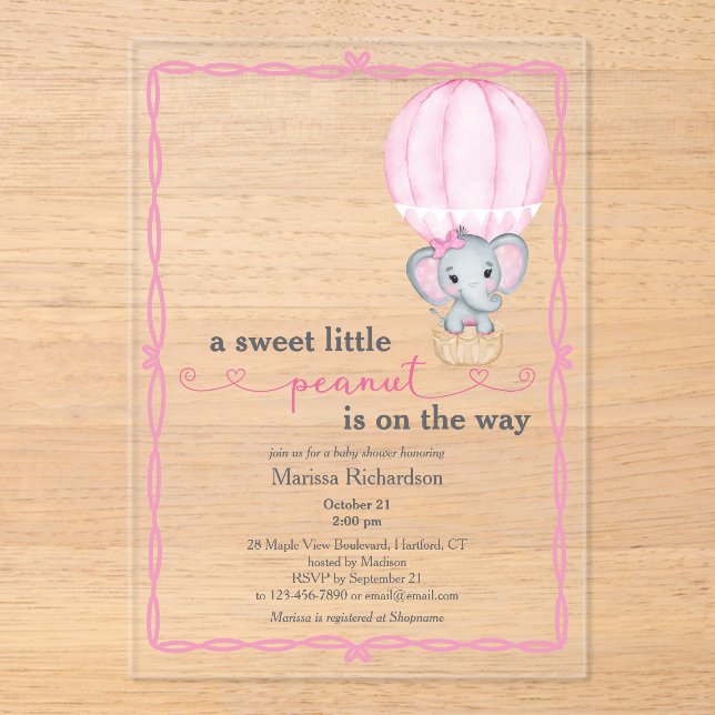 Invitations En Acrylique Eléphant rose bébé fille douche (Recto)