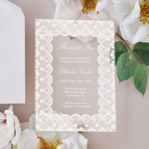 Invitations En Acrylique Elle a dit oui Dentelle ivoire Élégant Shower de m