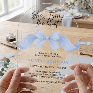 Invitations En Acrylique Elle Noue le Nœud Bleu Ruban Photo Baby Shower de