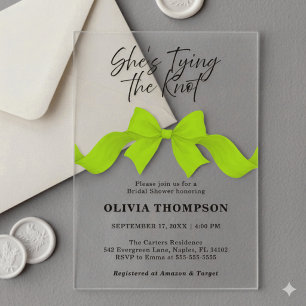 Invitations En Acrylique Elle Noue le Nœud Papillon Vert Citron Réception