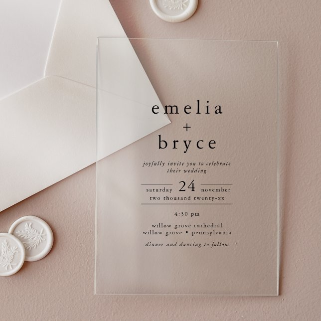 Invitations En Acrylique EMELIA Moderne Boho Minimaliste Unique Mariage noi (EMELIA Modern Boho Minimalist Unique Black Wedding Acrylic Invitations)