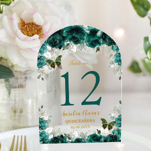 Invitations En Acrylique Emerald Floral Gold Quinceañera XV 16 Numéro de ta