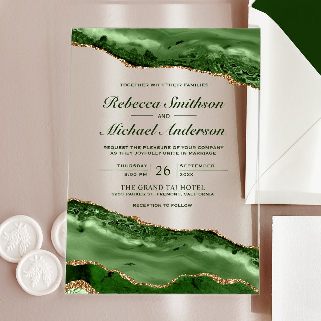 Invitations En Acrylique Emerald Green and Gold Agate Marble Wedding (Créateur téléchargé)