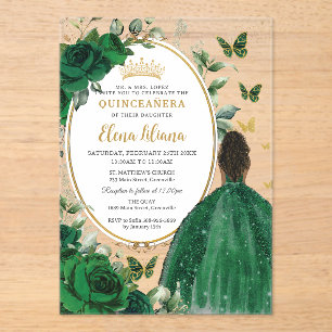 Invitations En Acrylique Emerald Green Floral Brown Princesse Quinceañera
