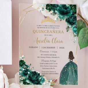 Invitations En Acrylique Emerald Green Floral Princess Gold Quinceañera XV