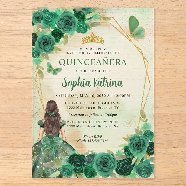 Invitations En Acrylique Emerald Green Floral Princess Quinceañera (Recto)