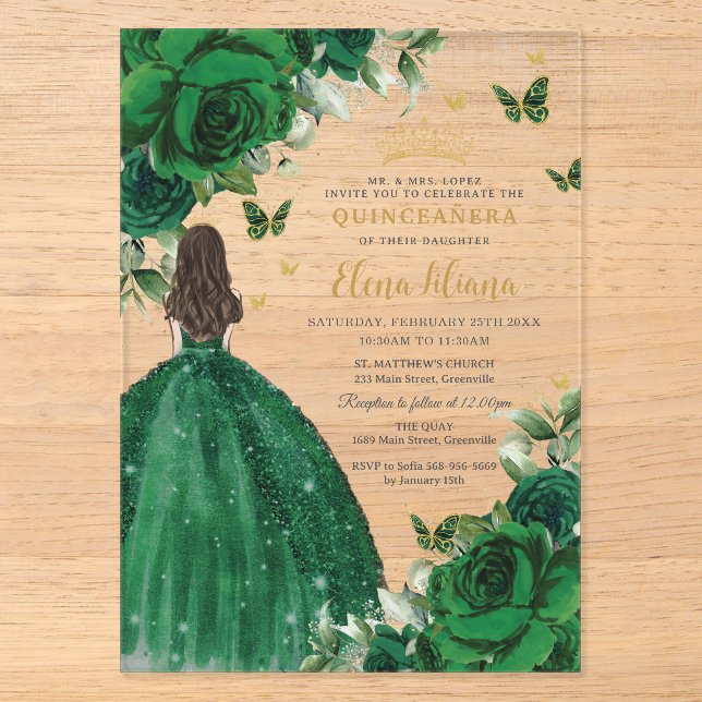 Invitations En Acrylique Emerald Green Floral Princess Quinceañera Sweet 16 (Recto)