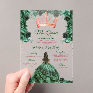 Invitations En Acrylique Emerald Green Floral Rose Gold Crown Mis Quince
