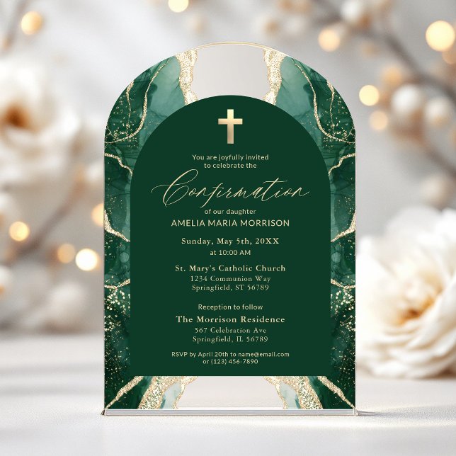 Invitations En Acrylique Emerald Green Gold Agate Confirmation Moderne (Créateur téléchargé)