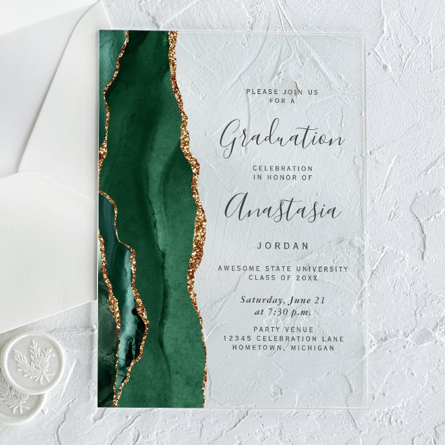 Invitations En Acrylique Emerald Green Gold Agate Gray Text Graduation (Créateur téléchargé)