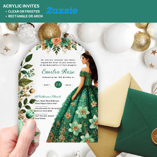 Invitations En Acrylique Emerald Green Quinceanera Robe Fleurs