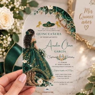 Invitations En Acrylique Emerald Green White Floral Charro Quinceanera