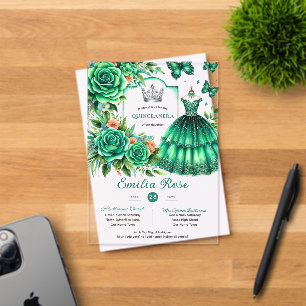 Invitations En Acrylique Emerald Sweet15 QUINCEANERA Robe Verte Papillon