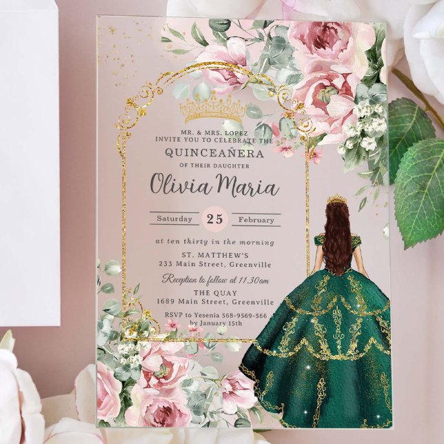 Invitations En Acrylique Émeraude rose pâle Quinceañera Douce 16 15 (Créateur téléchargé)