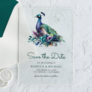 Invitations En Acrylique Émeraude Vert Floral Paon Mariage Enregistrer la D