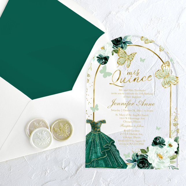 Invitations En Acrylique Émeraude Vert Floral Papillon Quinceañera (Créateur téléchargé)