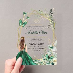 Invitations En Acrylique Émeraude verte et or floral princesse Quinceanera